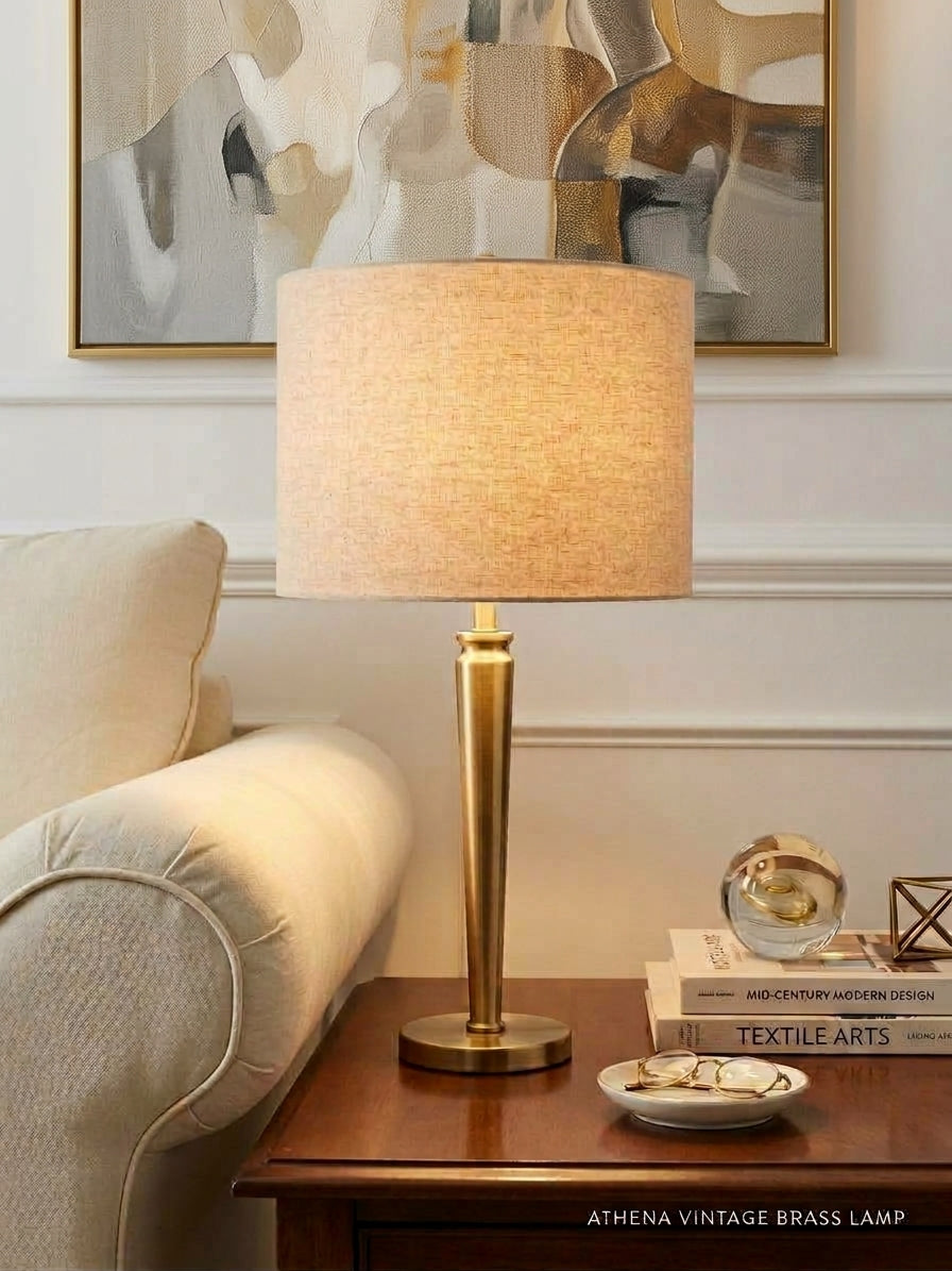 Athena Brass Table Lamp with Textured Linen Shade